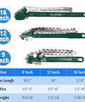 Heavy Duty Chain Wrench Set 3 Piece Adjustable Oil Filter Chain Wrenches 9 Inch, 12 Inch, And 16 Inch with fit and size chart