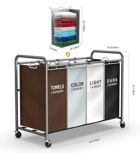 Heavy Duty Four Section Laundry Hamper Sorter Cart With Labeled Mesh Storage Bags Rock Solid Frame And Smooth Locking Wheels Straight Up The Ultimate Laundry Day Lifesaver For Hella Organized Closets And Bedrooms
