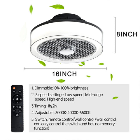 Dope 16 Inch Flush Mount Ceiling Fan With Lights Remote Control LED Dimmable 3 Color Temperature 7 Blade Enclosed Low Profile 72W 3 Speed Timed Bedroom with remote
