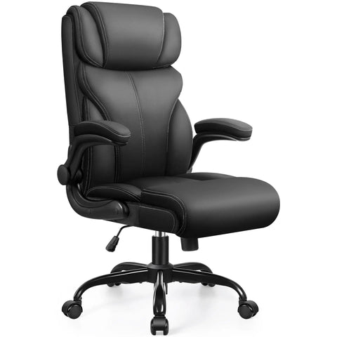 Ergonomic Big And Tall Office Chair With Breathable Leather All Day Comfort Boss Level Back Support Adjustable Flip Up Armrests Lumbar Support Swivel PC Chair With Rocking Function Built For Long Hours At The Desk