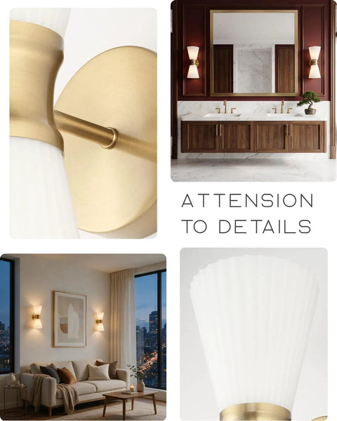 Close-up of JAZAVA 2-Light Up Down Wall Sconce, Frosted Pleated Glass, Pale Brass showing texture and details.