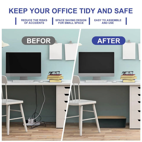 Before and after using Wooden Style Large Cable Management Box for Hiding Wires and Power Strips, neat home office setup.