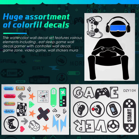 White And Black 56 Piece Gamer Wall Decal Set With Controllers And Joysticks Removable Video Game Stickers, colorful design