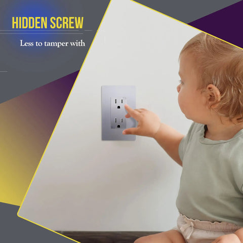 Child touching Elite Series Screwless Decorator Wall Plate with Child Safe Outlet Cover in Gloss Silver with Seamless Look, 1 Gang