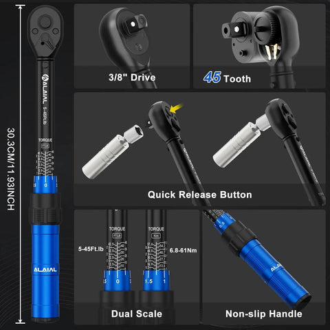 3/8 Inch Drive Magnetic Spark Plug Socket Set With Click Torque Wrench 5-45 Ft-Lb And 6.8-61 Nm, 14-Piece Swivel Kit View