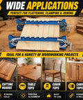 Premium 19 Inch Panel Clamps With Bonus Storage Rack Delivering Four Way Pressure for clamped wood pieces on workbench.