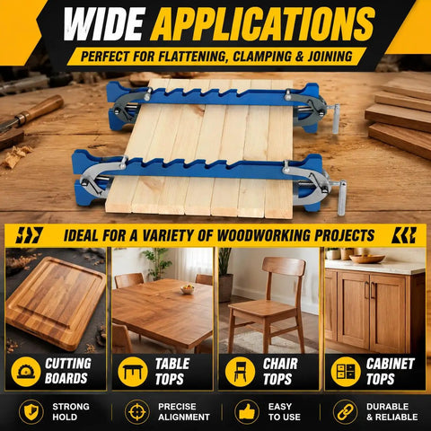 Premium 19 Inch Panel Clamps With Bonus Storage Rack Delivering Four Way Pressure for clamped wood pieces on workbench.