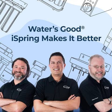 Three individuals in branded polo shirts, water filtration parts, and text 'Water’s Good iSpring Makes It Better' in background.