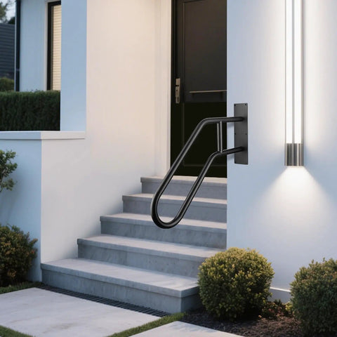 Heavy Duty U Shaped Wall Mount Stair Handrail For Indoor Outdoor Porch Steps Non Slip Safety Grab Bar mounted on exterior wall by steps.