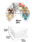 Top Shelf Lazy Susan Corner Cabinet Bins 8 Pack Clear Heavy Duty Plastic Wedge Storage Trays With Rugged Handles Bpa Free Kitchen Pantry Organizer For Spices And Fresh Groceries in 26in size filled with spices.