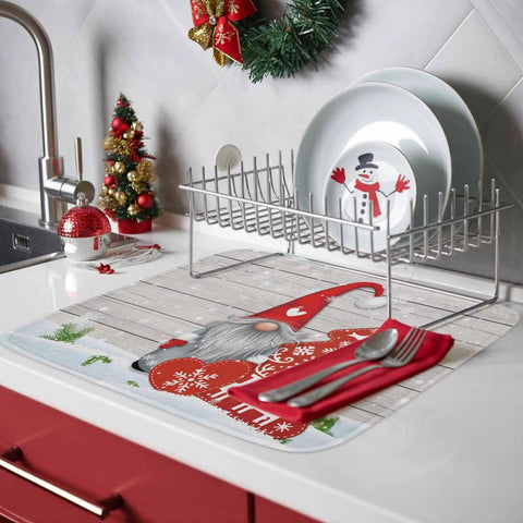 Cozy Christmas Dish Drying Mat For Kitchen Counter With Gnome And Snowflake Wood Grain Design Ultra Absorbent Microfiber Machine Washable 16 By 18 Inches Holiday Counter Pad Kitchen Sink Mat placed beside dish rack