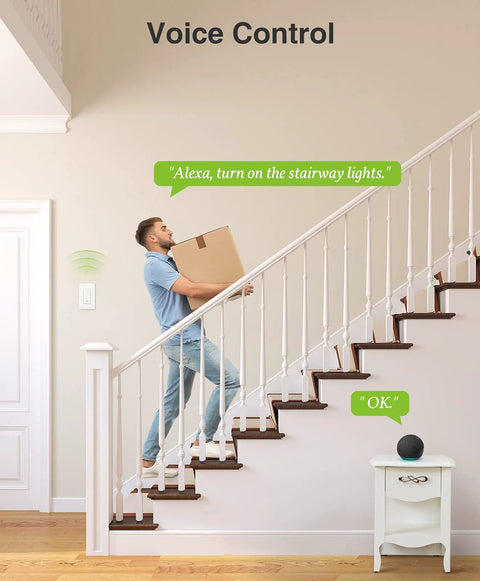 Man using 3 Way Smart Light Switch In Wall On Off With Alexa And Google Assistant Voice Control App Remote for staircase lighting