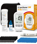 Feliz Blood Glucose Monitoring Kit With 100 Test Strips 100 Lancets 1 Blood Glucose Meter 1 Lancing Device 1 Control Solution And Travel Case For Easy At Home Diabetes Testing displayed with packaging and components.