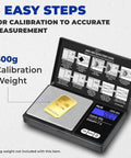Pocket Digital Scale 600g Capacity With Zero Point One Gram Precision, open with 500g weight and LCD Display instructions visible