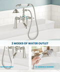 Deck Mount Clawfoot Tub Faucet With Telephone Shaped Handheld Shower 6 Inch Center Vintage Style 360 Degree Rotation Spout And Cross Handles Brushed Nickel Tub Filler Durable Solid Brass with dual water outlets