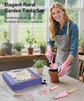 Woman using 12-Piece Women's Gardening Tools Gift Set with durable carrying case, featuring floral gloves and trowel.