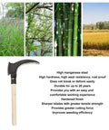 High Manganese Steel Double Scythe Handheld Garden Tool For Outdoor Mowing, Weeding, Cutting Vines, Pruning Trees, Heavy Duty Yard Work Cutter. Image shows sickle with wooden handle and text about features.