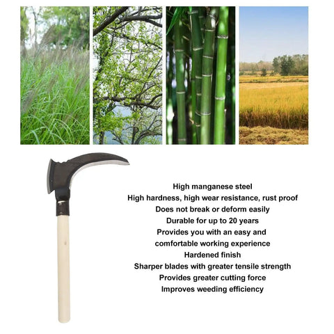 High Manganese Steel Double Scythe Handheld Garden Tool For Outdoor Mowing, Weeding, Cutting Vines, Pruning Trees, Heavy Duty Yard Work Cutter. Image shows sickle with wooden handle and text about features.