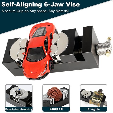 Beefy Heavy Duty Multi Material Workbench Vise With Universal Clamping for wood, plastic, metal, and irregular objects, holding a toy car.