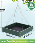 Heavy Duty WPC Platform Bird Feeder Hanging With 3.5 Lbs Capacity, metal mesh bottom, green, dimensions and capacity listed.