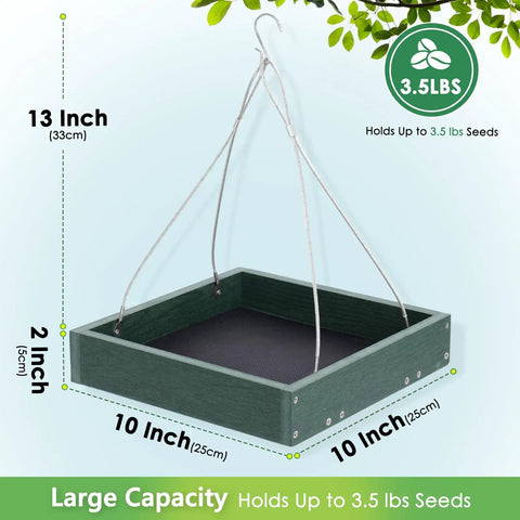 Heavy Duty WPC Platform Bird Feeder Hanging With 3.5 Lbs Capacity, metal mesh bottom, green, dimensions and capacity listed.