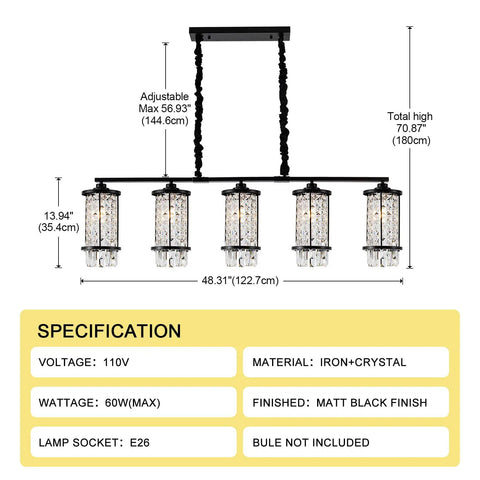 Five Light Modern Crystal Kitchen Island Pendant Light Black Metal Chandelier with dimensions and specifications chart