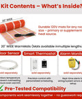 Kit contents showcasing 70 Sqft Self-Adhesive Electric Radiant Floor Heating Mat, floor sensor, smart thermostat, alarm monitor, UL listed.