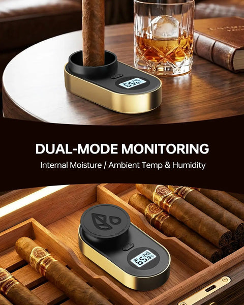 Pro-Grade Digital Cigar Hygrometer With 3-Probe Core Moisture Meter For Humidor Humidity And Ambient Sensing, Real-Time Cigar Moisture Readout, Ultra Precise, Easy To Read Display, Gold Finish on cigar and humidor