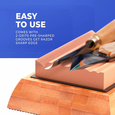 Two Whetstones Grit 400 And 1000 Gouge Sharpener Waterstone on bamboo base with chisel in contoured groove
