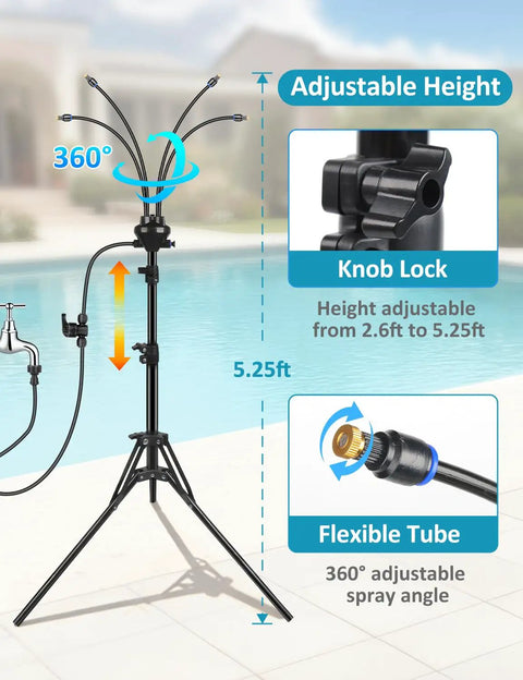 Outdoor Misting System for Patio and Yard, Adjustable 5.25 Foot Standing Mister With 26.5 Foot Misting Line by poolside