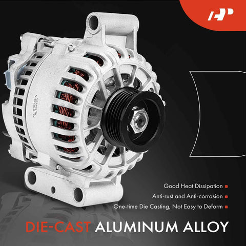 Alternator Replacement For Ford F150 And Focus 2000 2004 12V 110A Clockwise Six Groove Pulley Direct Fit Easy Install For Your Ride Fits Ford F150 2005 2006 2007 2008 V6 4.2L And Focus 2.0L SOHC New Aftermarket Part 8447N showing die-cast aluminum body