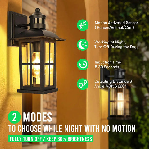 13 Inch Motion Sensor Outdoor Wall Light With Dusk To Dawn, Anti Rust 100 Percent Aluminum Black Exterior Lantern, two modes visible