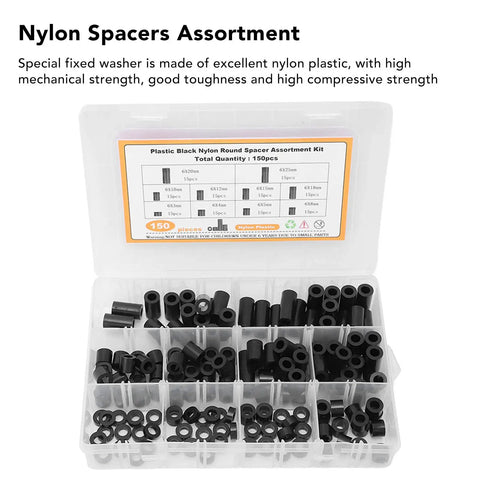 150 Piece Nylon Spacer Set Assortment For DIY And Pro Projects Black Round Post Spacers Plastic Washer Shims For Screws Hardware Standoff Kit Durable Lightweight Spacing Solutions, open organizer box