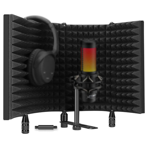 Top Shelf Microphone Isolation Shield With Snap Fit Pop Filter Kicks Room Noise Under The Bus Using Thicker Insulating Foam in a collapsible design.