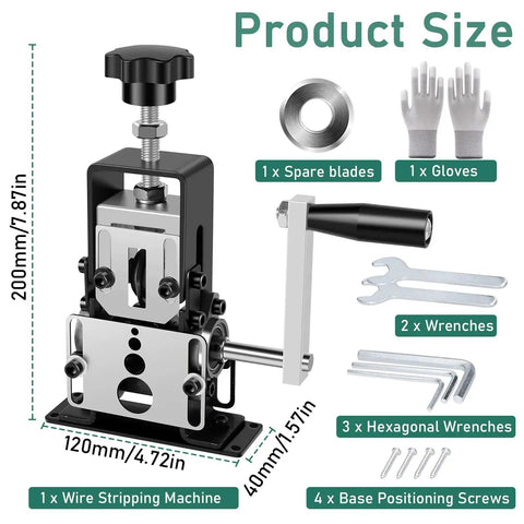 Slick Two Way Copper Wire Stripping Machine Using Manual Hand Crank Or Drill Power for scrap cable peeling with spare blades and wrenches.