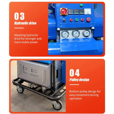 Industrial Polyurethane Foam Sprayer With Leakage Protection For Insulation Pipeline Coating Tank Workshop featuring hydraulic drive and pulley design.