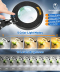 Beefy Long Reach 12X Magnifying Glass With Light And Stand, showing adjustable brightness and color modes, close-up view