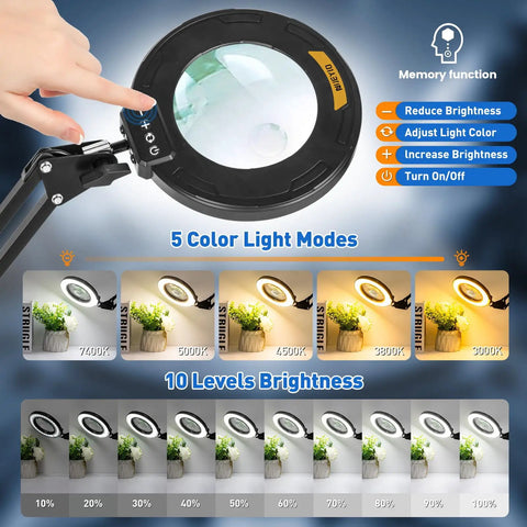 Beefy Long Reach 12X Magnifying Glass With Light And Stand, showing adjustable brightness and color modes, close-up view