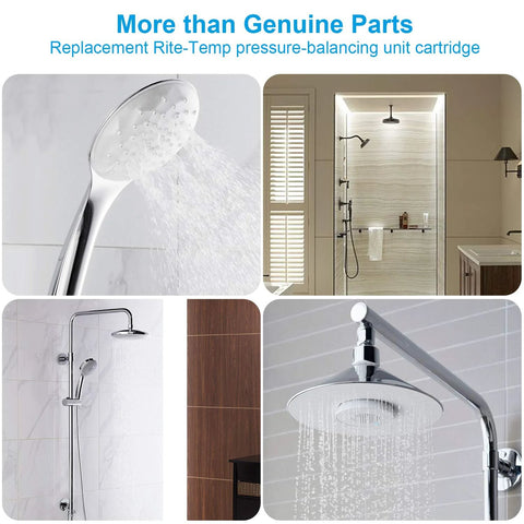 Collage showing universal shower valve cartridge replacement in modern bathrooms