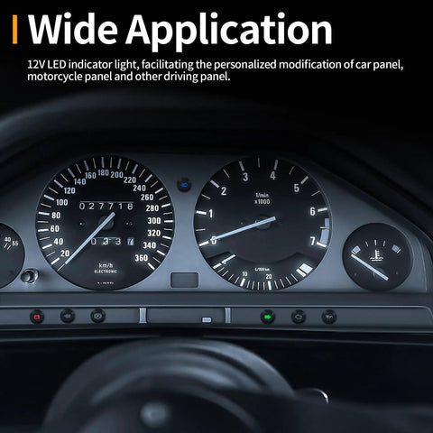 Car dashboard featuring the 12V LED Indicator Light Kit Waterproof Seven Piece Set For Your Ride Dash Panels 12V And 24V Metal Indicator Lights With Three Hundred Millimeter Wires Black installed.
