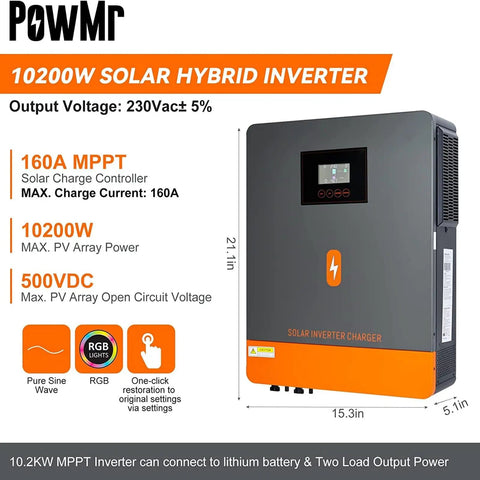 10200W Solar Inverter For Home And Off Grid RV Use 48V To 230V Pure Sine Wave Power Inverter With Built In 160A MPPT Controller