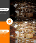 Comparison of job site before and after using Lit 100W LED Work Light String With 10000 Lumens, showing increased brightness.