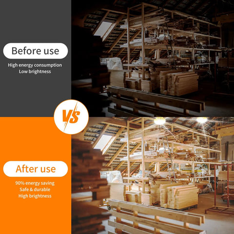 Comparison of job site before and after using Lit 100W LED Work Light String With 10000 Lumens, showing increased brightness.
