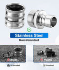 Must Have Heavy Duty Quick Connect Hose Fittings Three Quarter Inch GHT Garden Hose Set Stainless Steel Water Fittings Two Pack Corrosion Resistant Weatherproof For Easy Leak Free Connections showing stainless steel fittings.