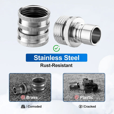 Must Have Heavy Duty Quick Connect Hose Fittings Three Quarter Inch GHT Garden Hose Set Stainless Steel Water Fittings Two Pack Corrosion Resistant Weatherproof For Easy Leak Free Connections showing stainless steel fittings.