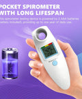 Hand holding Peak Flow Meter for Home Use With Tracking Software Automatically Displays PEF and FEV1 Readings, portable design.