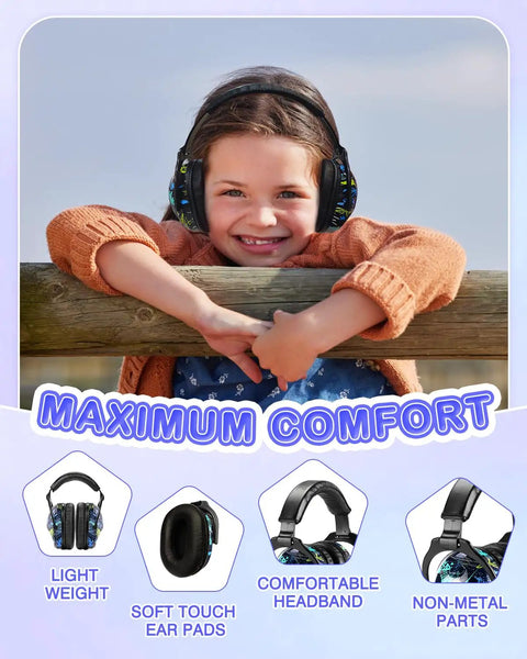 Smiling girl wearing Kids Ear Protection Earmuffs 2 Pack For Sensory Issues Adjustable Noise Reduction Muffs Safe Non Metal Design.