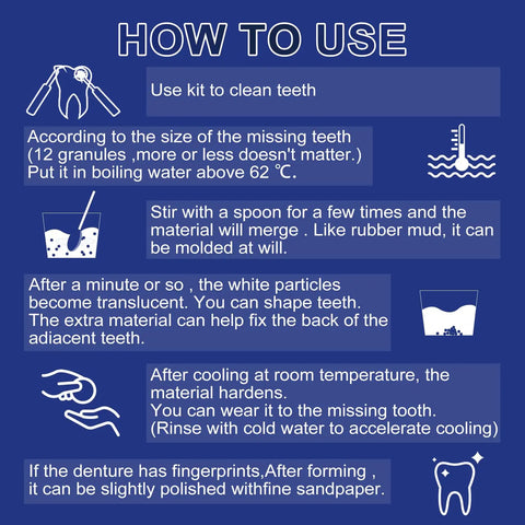 Instructions for using Tooth Repair Kit Moldable Filling Beads With Four Dental Tools For DIY Natural Fake Teeth Replacement.