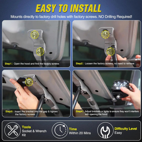 Step-by-step guide to install Heavy Duty Ditch Light Bracket Kit For Ford F150 Raptor Hood Hinges Mounts, no drilling required