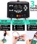 Three In One Hot Air Rework Soldering Station With DC Power Supply 30V 5A PID Temperature Control showing core functions